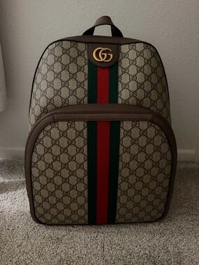 Gucci Beige GG Supreme Canvas Backpack with Red & Green Web and Brown Trim